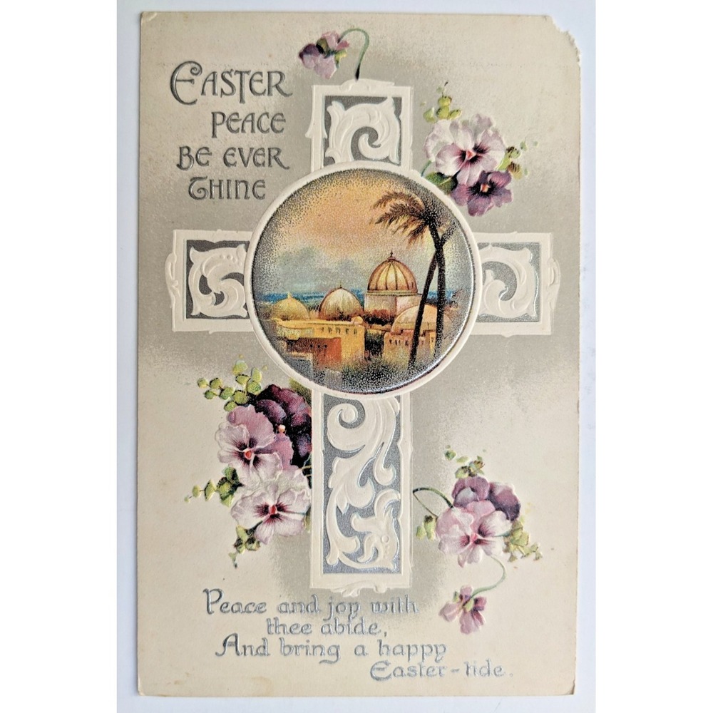 Antique Easter Postcard Cross Floral Religious Vignette Embossed B.B. London